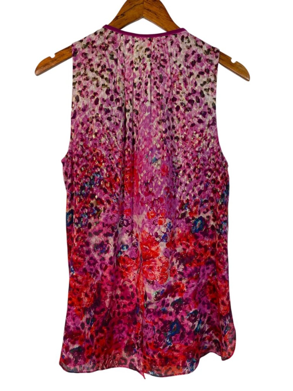 Elie Tahari 93% Silk Metallic Floral Pintuck Sleeveless Blouse Pink M - Picture 3 of 15